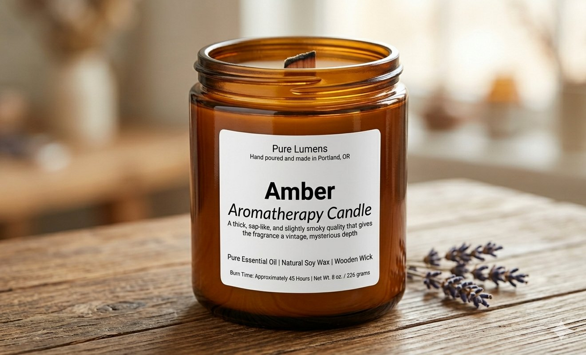 Amber Essential Oil Soya Wax Candle in Amber Glass Jar 8 oz-Wooden Wick