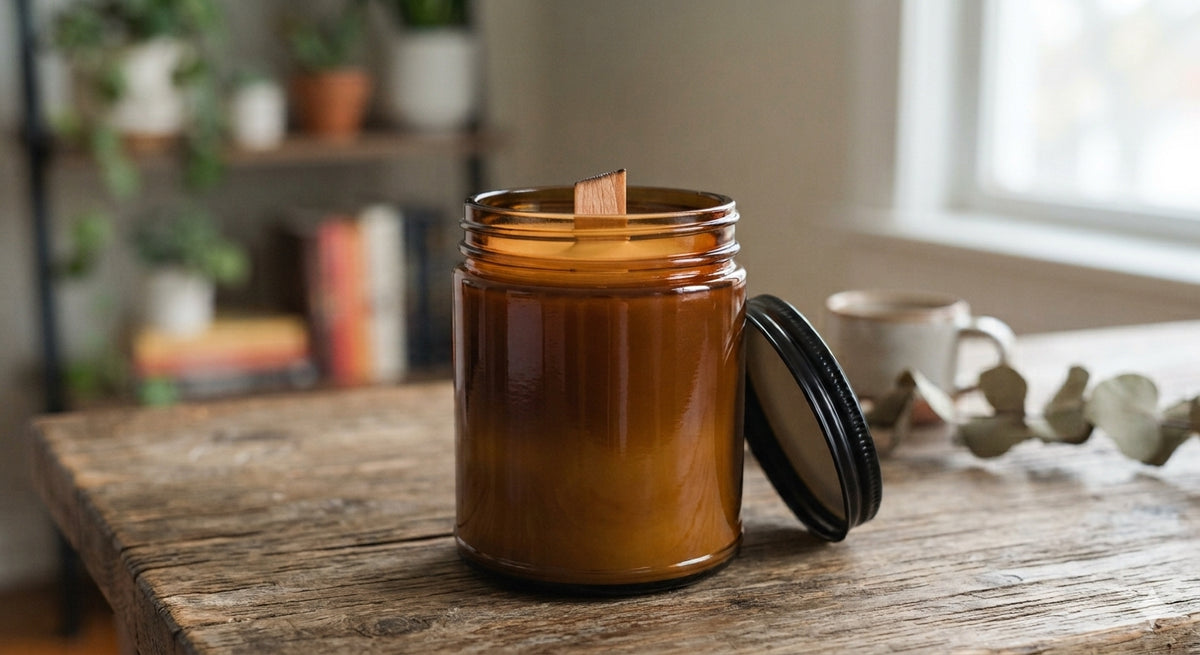 Amber Essential Oil Soya Wax Candle in Amber Glass Jar 8 oz-Wooden Wick