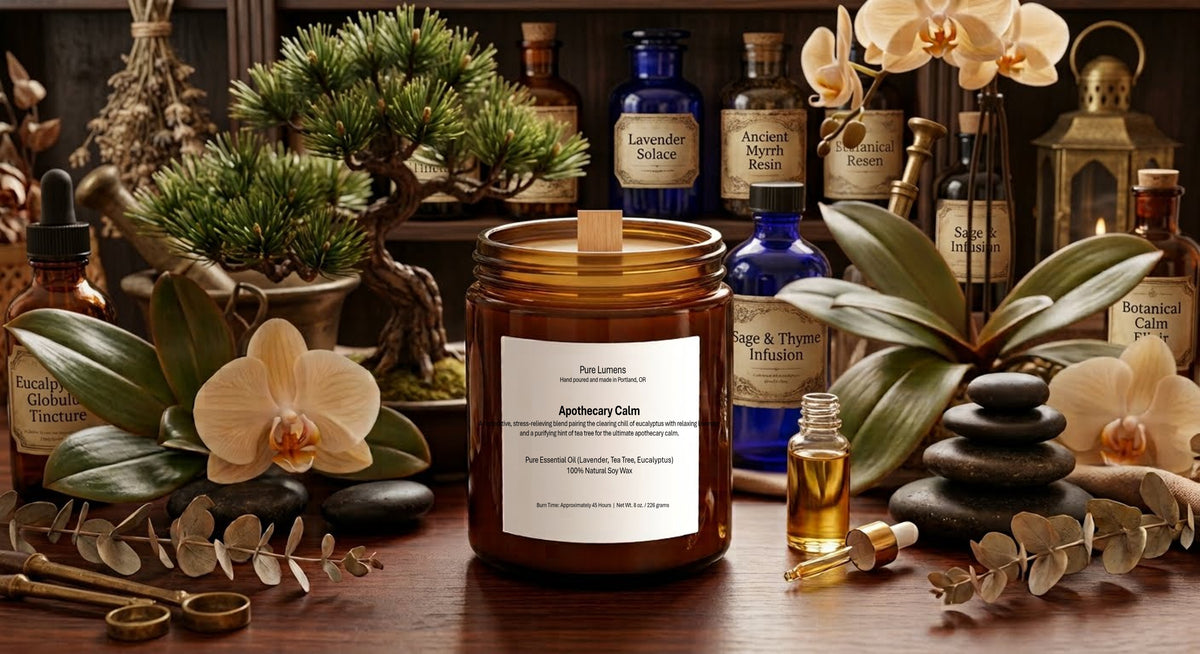 Apothecary Calm Blend Essential Oil Soya Wax Candle in Amber Glass Jar 8 oz-Wooden Wick