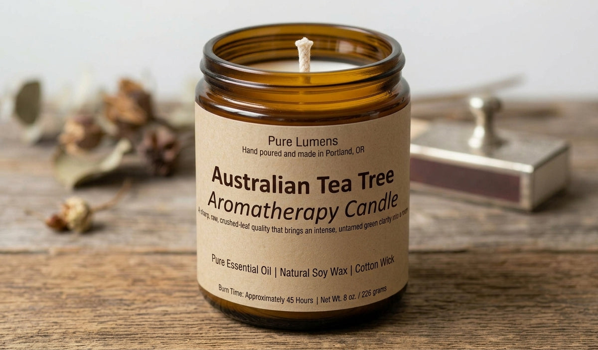 Australian Tea Tree Blend Essential Oil Soya Wax Candle in Amber Glass Jar 8 oz-Cotton Wick