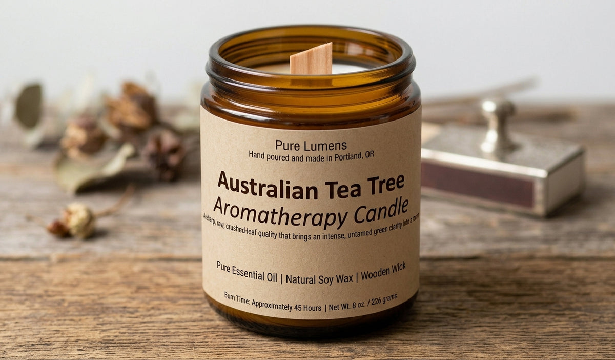 Australian Tea Tree Essential Oil Soya Wax Candle in Amber Glass Jar 8 oz-Wooden Wick