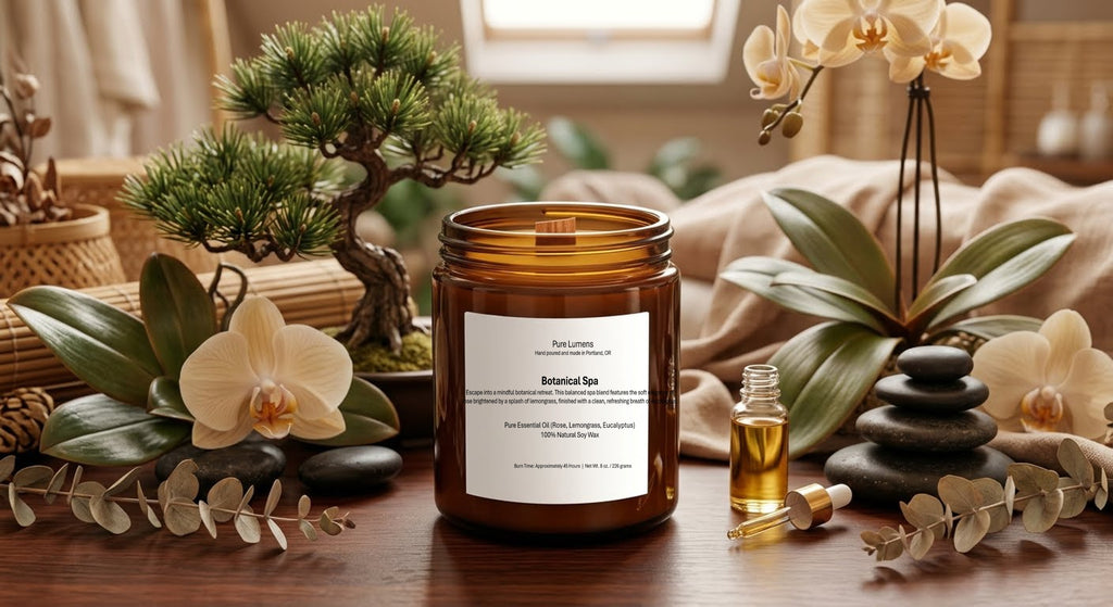 An amber glass jar candle labeled 'Botanical Spa' by Calm Living, styled on a wooden table with spa props including a small oil bottle, zen stones, eucalyptus, and orchids.