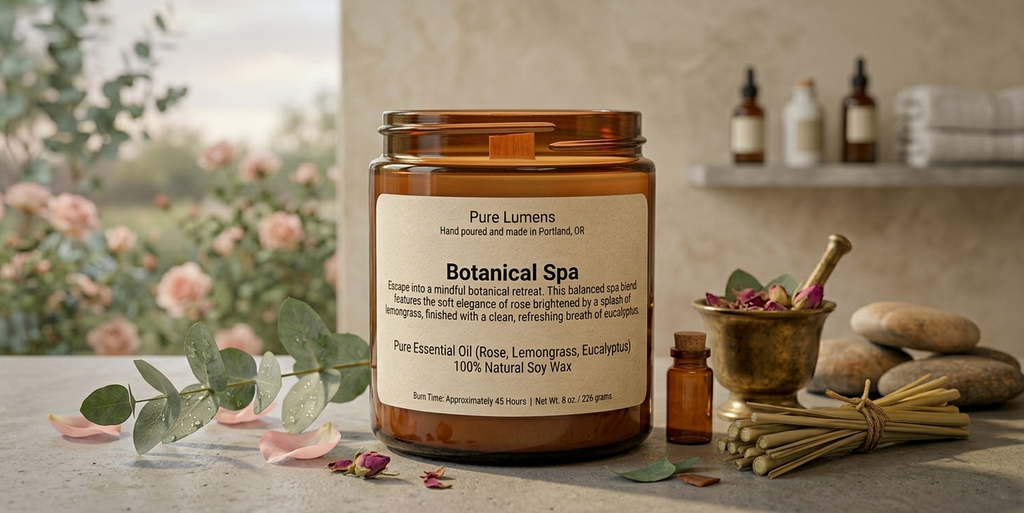 Botanical Spa Blend Essential Oil Soya Wax Candle in Amber Glass Jar 8 oz-Wooden Wick