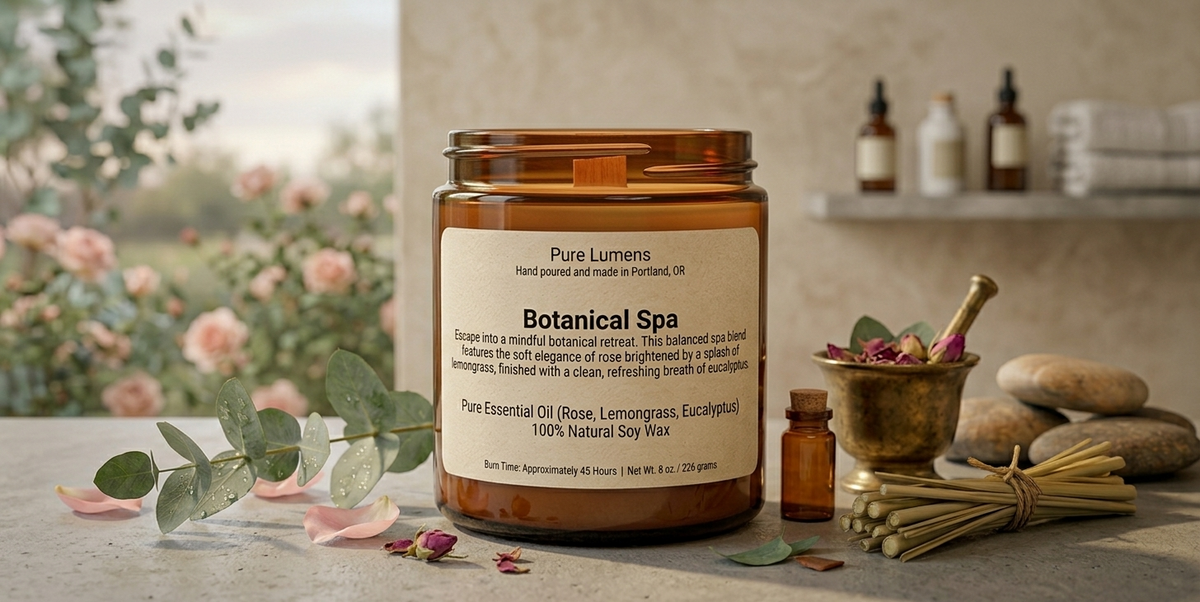 Botanical Spa Blend Essential Oil Soya Wax Candle in Amber Glass Jar 8 oz-Wooden Wick