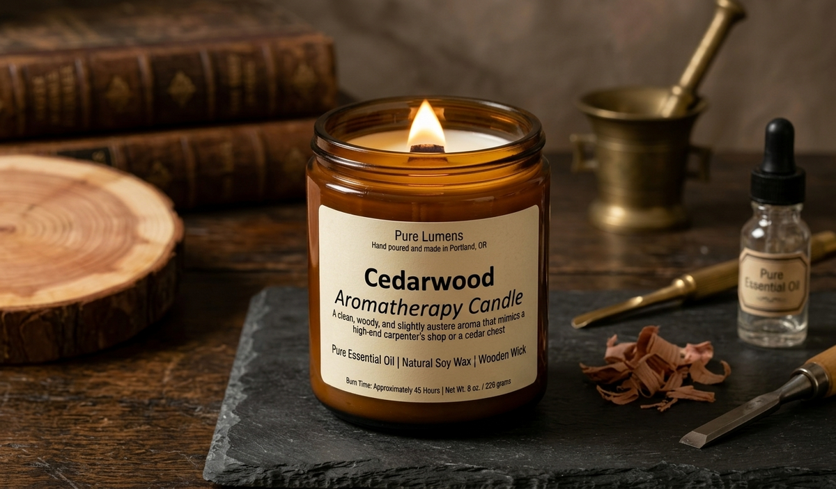 A lit amber glass candle jar labeled Pure Lumens Cedarwood Aromatherapy Candle sits on a dark stone slab with wood shavings, a small essential oil bottle, brass tools, and old books in the background.