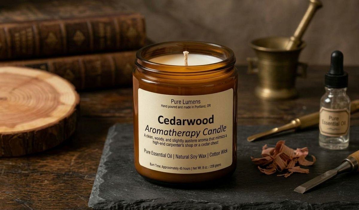 A jar candle labeled 'Cedarwood Aromatherapy Candle' by Pure Lumens, set on a dark stone slab with wood shavings, a small dropper bottle, and rustic books in the background.