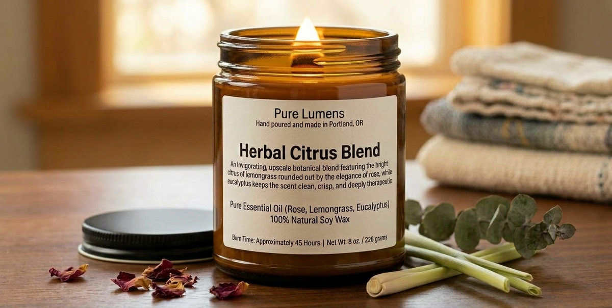 Herbal Citrus Blend Essential Oil Soya Wax Candle in Amber Glass Jar 8 oz- Wooden Wick