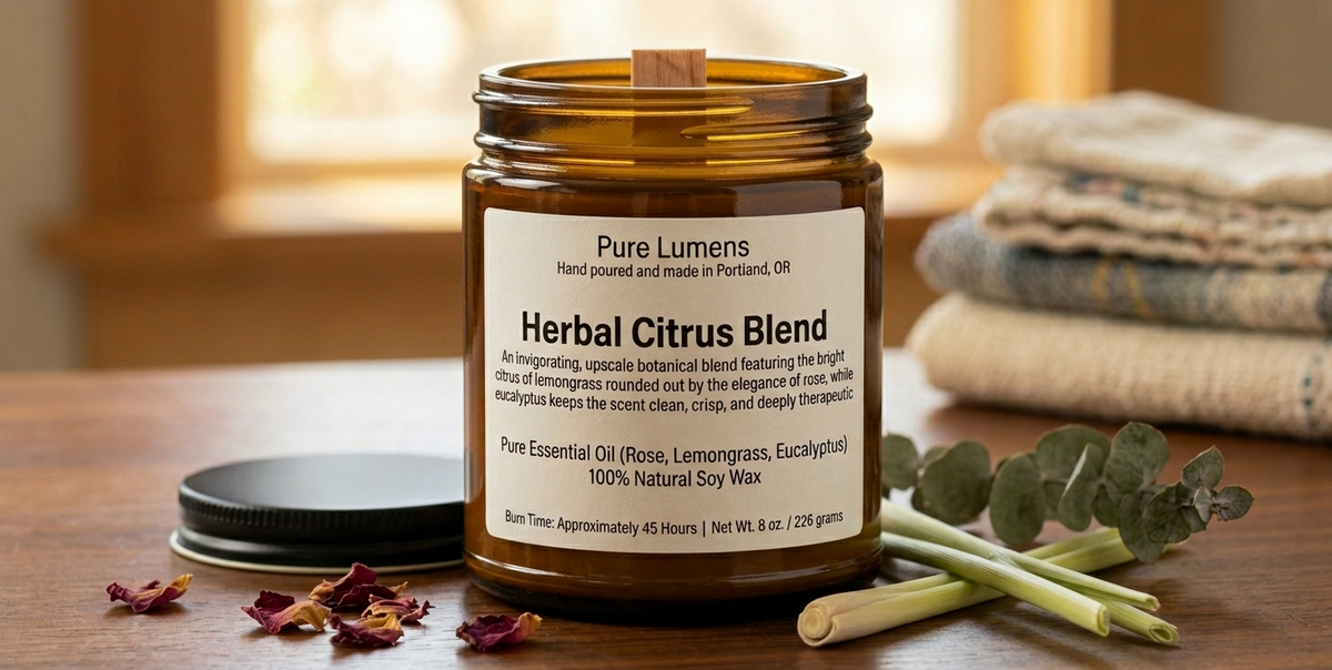 An amber glass jar of Pure Lumens Herbal Citrus Blend essential oil and soy wax candle sits on a wooden table with a lid, lemongrass stems, and dried petals in the foreground, and folded towels blurred in the background.