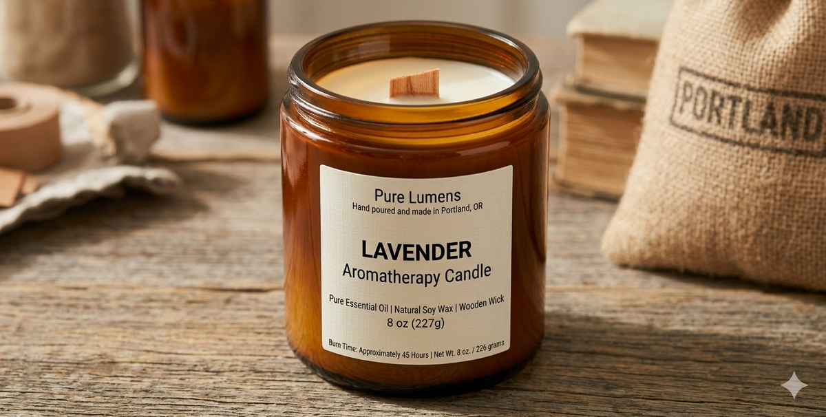 Lavender Essential Oil Soya Wax Candle in Amber Glass Jar 8 oz- Wooden Wick
