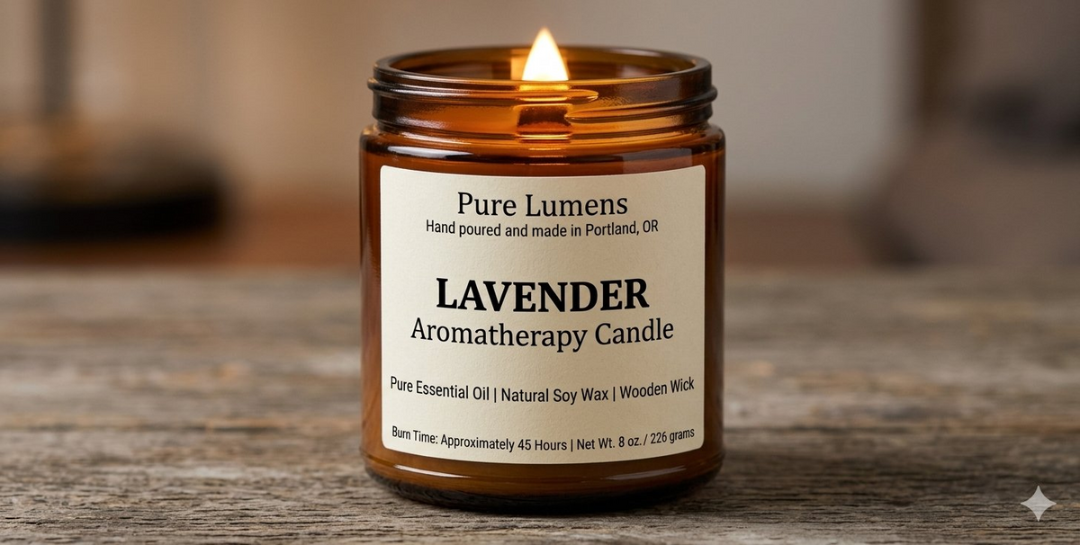A lit amber glass jar candle labeled Pure Lumens Lavender Aromatherapy Candle, placed on a rustic wooden surface with a softly blurred indoor background.