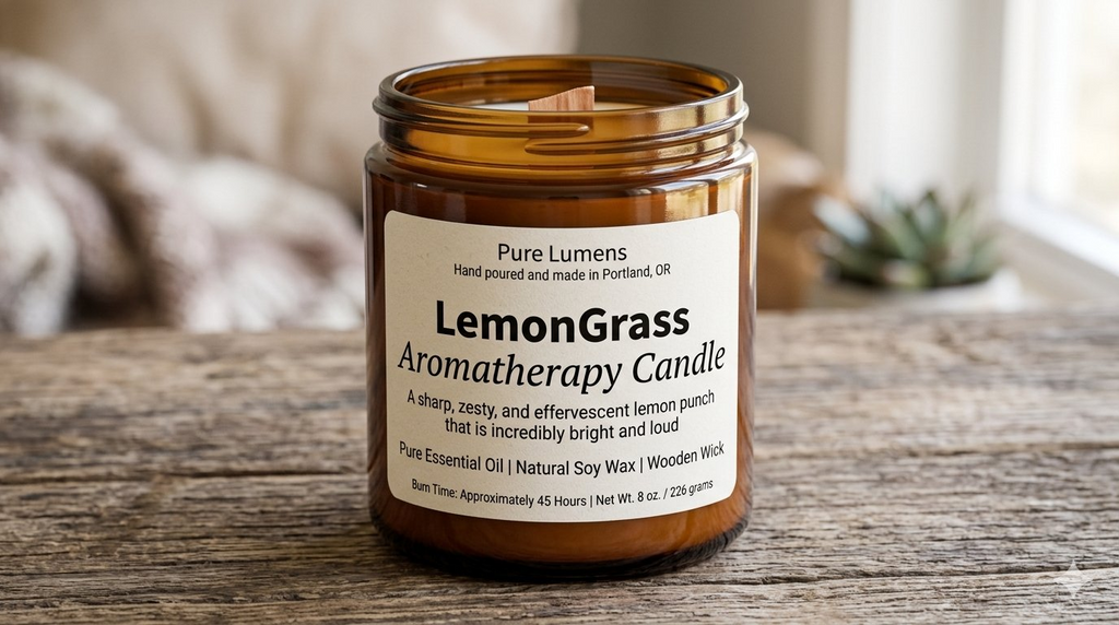 Lemon Grass Essential Oil Soya Wax Candle in Amber Glass Jar 8 oz- Wooden Wick