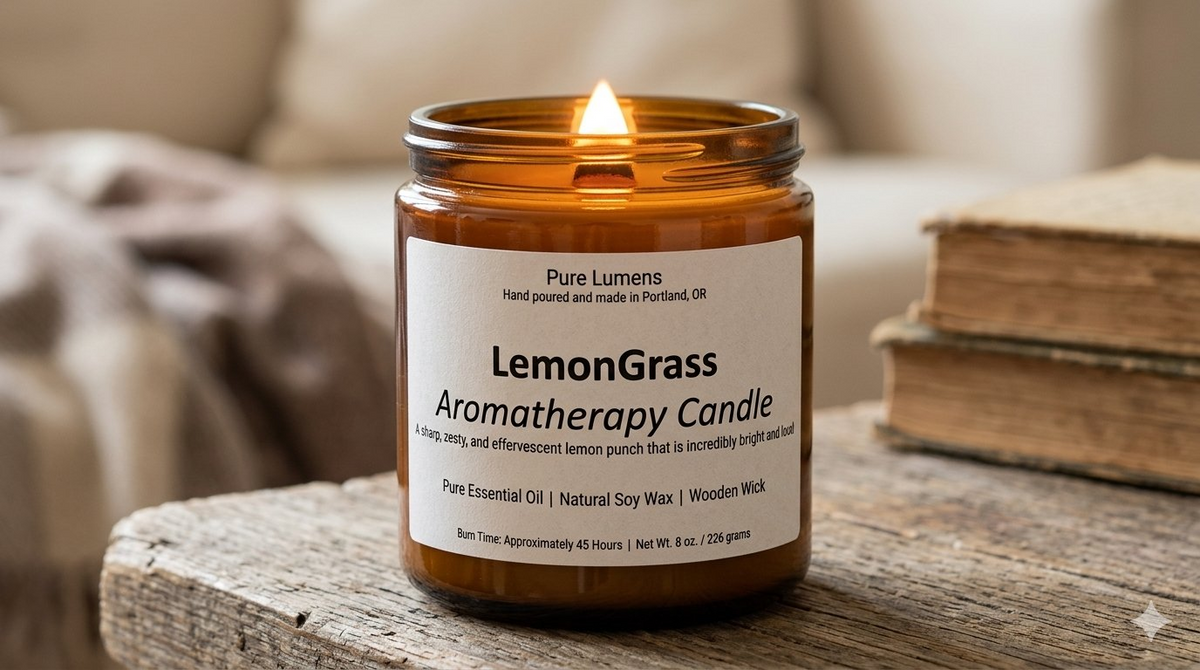 Lemon Grass Essential Oil Soya Wax Candle in Amber Glass Jar 8 oz- Wooden Wick