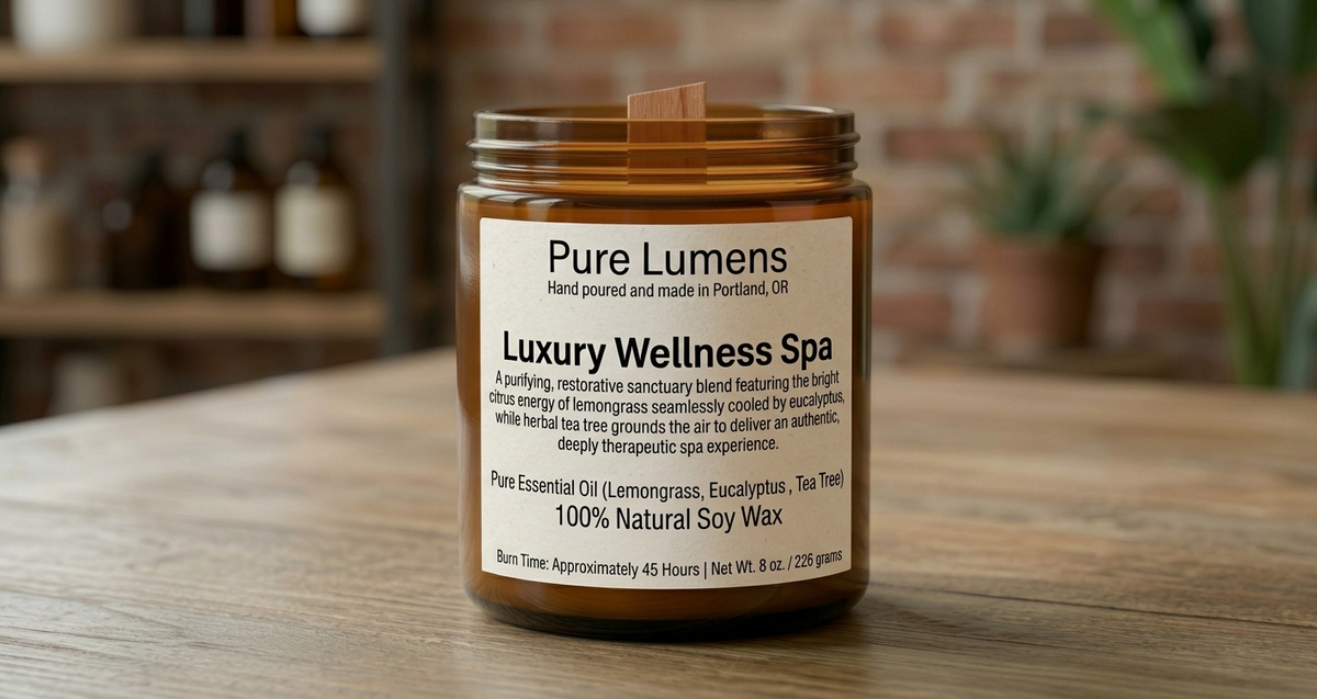 Luxury Wellness Spa Blend Essential Oil Soya Wax Candle in Amber Glass Jar 8 oz- Wooden Wick