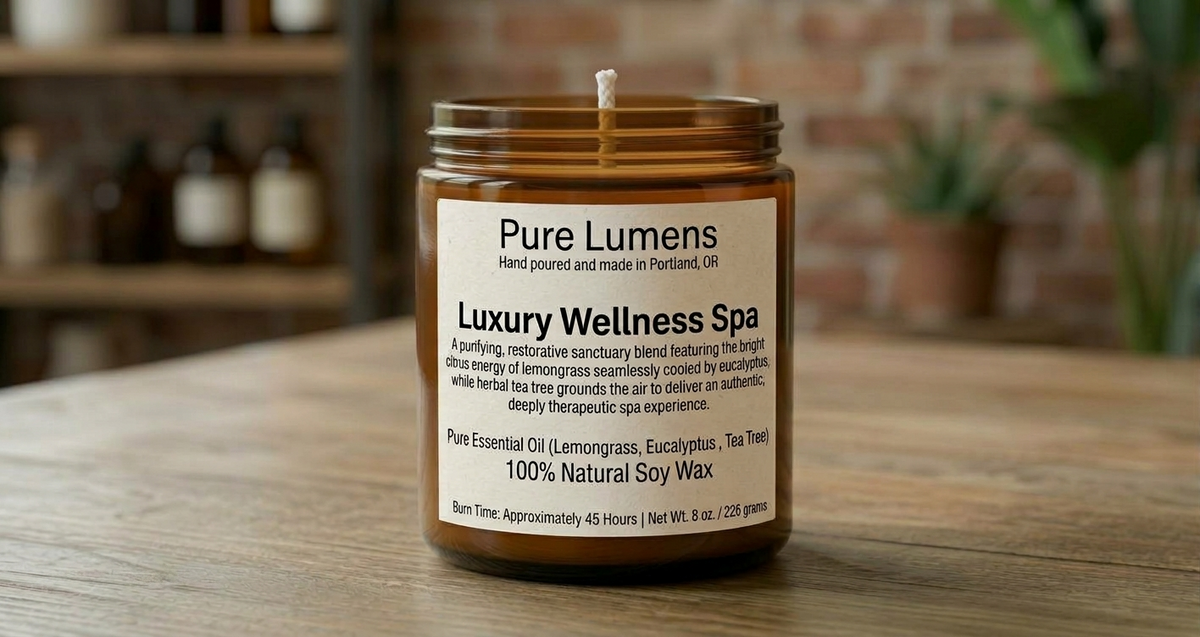 Luxury Wellness Spa Blend Essential Oil Soya Wax Candle in Amber Glass Jar 8 oz- Cotton Wick