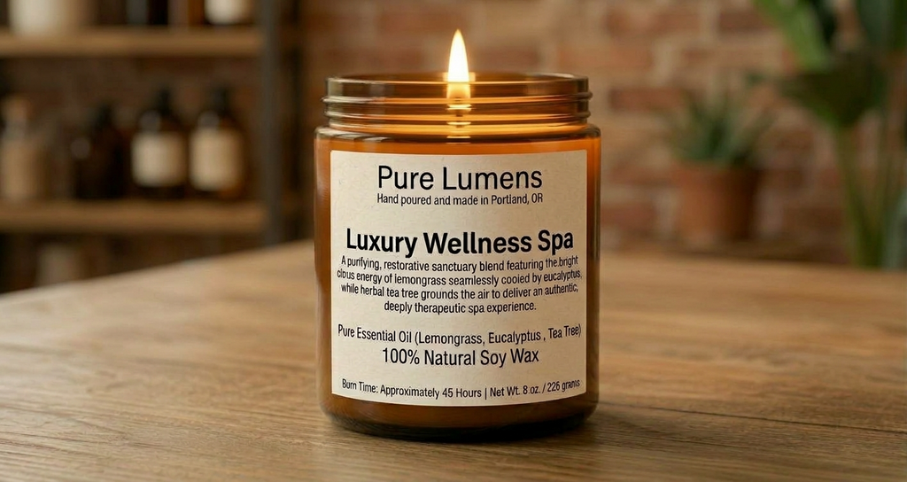 Luxury Wellness Spa Blend Essential Oil Soya Wax Candle in Amber Glass Jar 8 oz- Cotton Wick