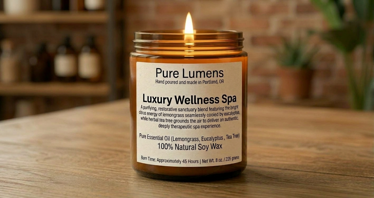 Luxury Wellness Spa Blend Essential Oil Soya Wax Candle in Amber Glass Jar 8 oz- Cotton Wick