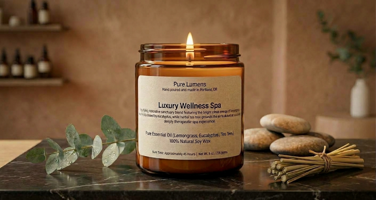 Luxury Wellness Spa Blend Essential Oil Soya Wax Candle in Amber Glass Jar 8 oz- Cotton Wick