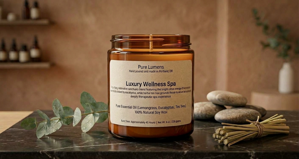 Luxury Wellness Spa Blend Essential Oil Soya Wax Candle in Amber Glass Jar 8 oz- Cotton Wick