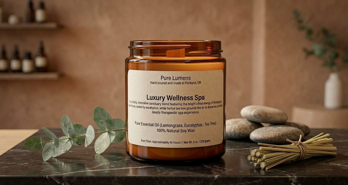 Luxury Wellness Spa Blend Essential Oil Soya Wax Candle in Amber Glass Jar 8 oz- Wooden Wick