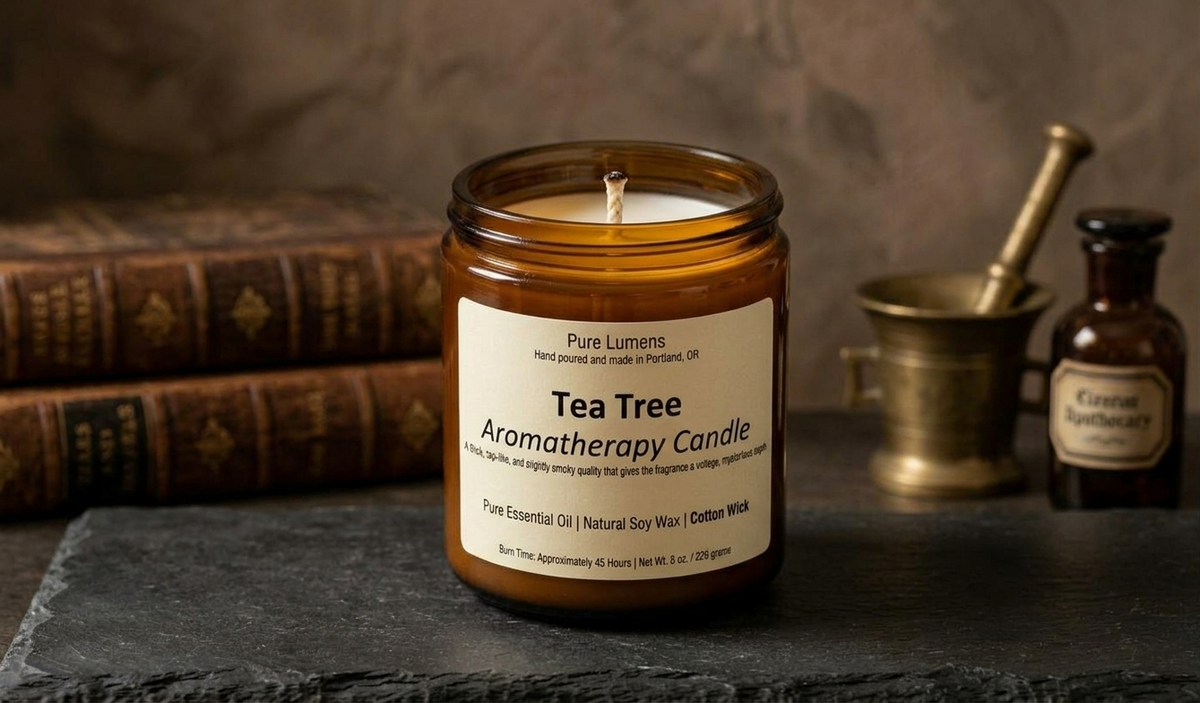Tea Tree Essential Oil Soya Wax Candle in Amber Glass Jar 8 oz- Cotton Wick